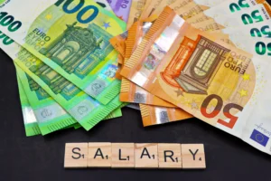 Drevené písmená tvoriace slovo "salary" položené na bankovkách eur.