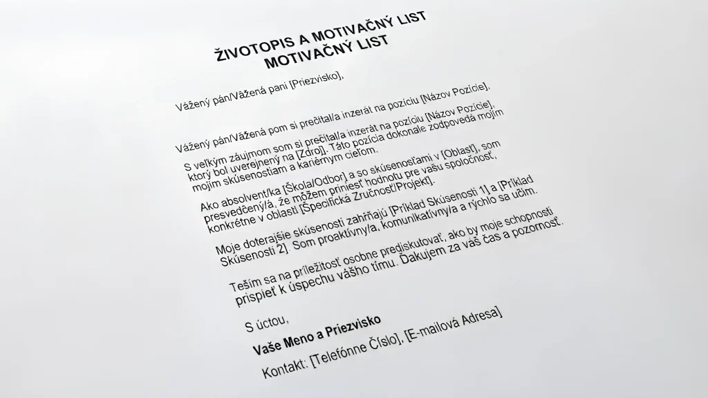 Znázornenie príkladu ako môže vyzerať sprievodný list k životopisu.
