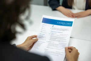 Personalistka držiaca v rukách vytlačený životopis počas pracovného pohovoru.
